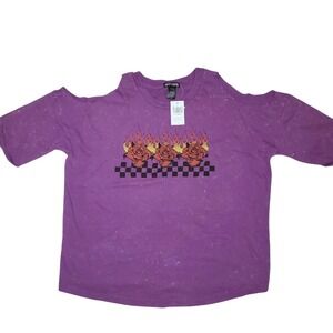 Hot Topic Plus 0 0X 1X Purple Checkered Roses Tattoo Top NWT Cold Shoulder